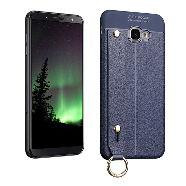 Szilikon telefonvédő (közepesen ütésálló, asztali tartó funkció, bőr hatású, varrás minta + kézpánt) SÖTÉTKÉK [Samsung Galaxy J4 Plus (SM-J415F)] (5996457826001)