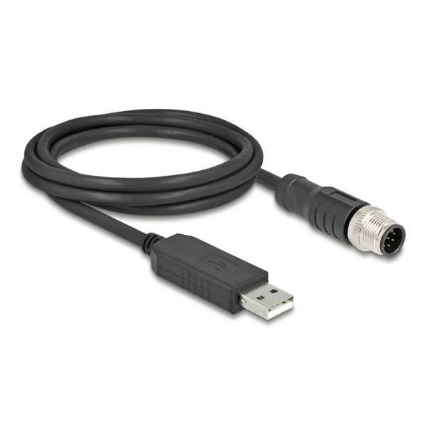 Delock M12 Soros csatlakozású kábel FTDI chip készlettel, A-típusú USB 2.0 apa - M12 RS-232 apa A-kódolású 8 tűs 1,8 m fekete (64257)