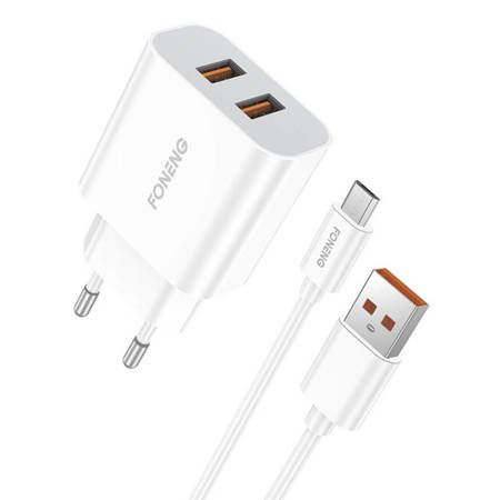 Foneng EU45 2xUSB-A hálózati töltő + USB-A - MicroUSB kábel fehér (EU45 Micro) (EU45 Micro)