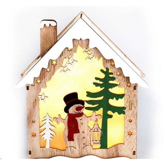 IRIS Faház alakú hóember mintás/18,5x21cm/meleg fehér LED-es fa fénydekoráció  (310-08)