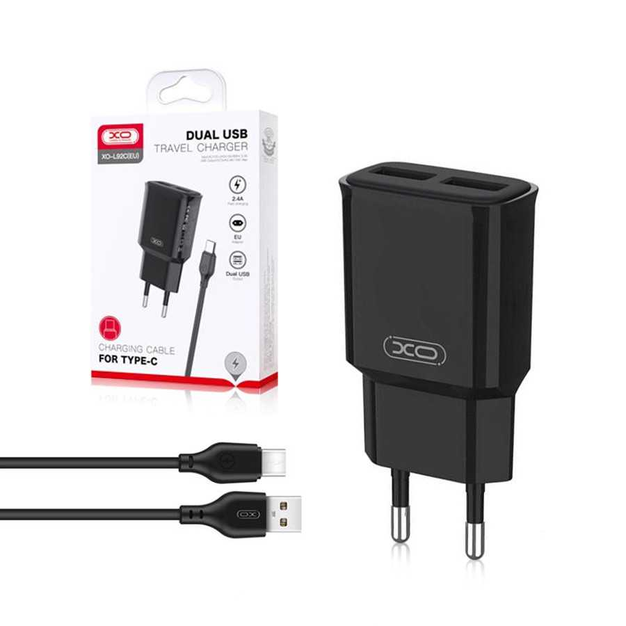 XO L92С 2 x USB-A Hálózati töltő + USB-C kábel (1m) - Fekete (XOL92CBK)