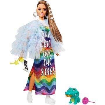 Mattel Barbie Fashionistas: Extravagáns barna hajú baba szivárványos ruhában (GRN27)