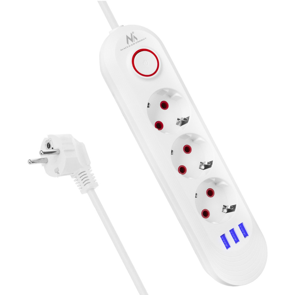 Razdelilec podaljšek MacLean MCE394W s 3 vtičnicami + 3xUSB, 1.5m, bel
