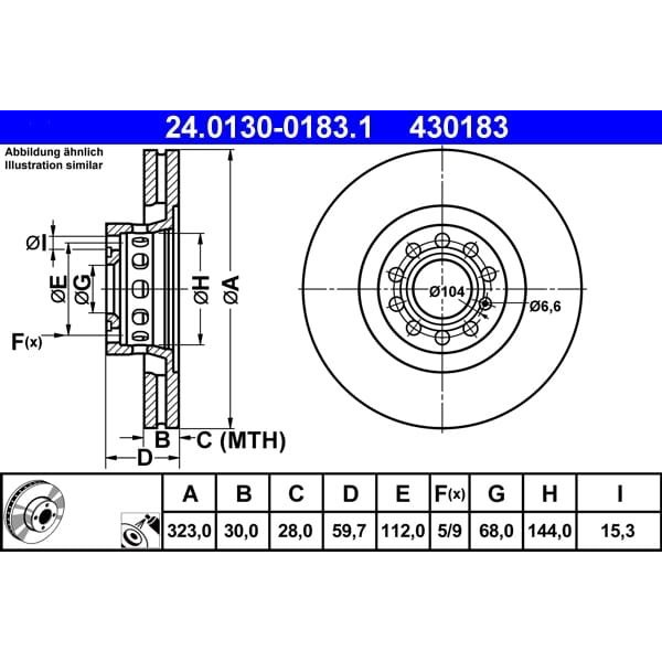  ATE TARCZA HAM ATE 24.0130-0183.1 AUDI A4 S4 QUATTRO 97-00, A6 2.7T QUATTRO 97-05, A6 3.0 01-05, 3.7 99-05, A8 2.5TDI 00-02, 2.8 96-02/ VW PHAETON 3.2 V6 02-