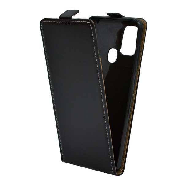 Tok álló, bőr hatású (FLIP, lefelé nyíló, szilikon tartó) FEKETE [Samsung Galaxy A21s (SM-A217F)] (5996457981403)