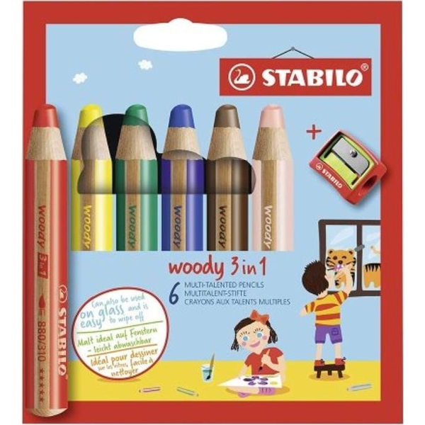 Pastelky Stabilo Woody 3v1 6 kusů + ořezávátko