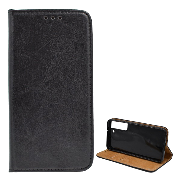 Tok álló, valódi bőr (FLIP, oldalra nyíló, asztali tartó funkció) FEKETE [Samsung Galaxy S22 5G (SM-S901)]