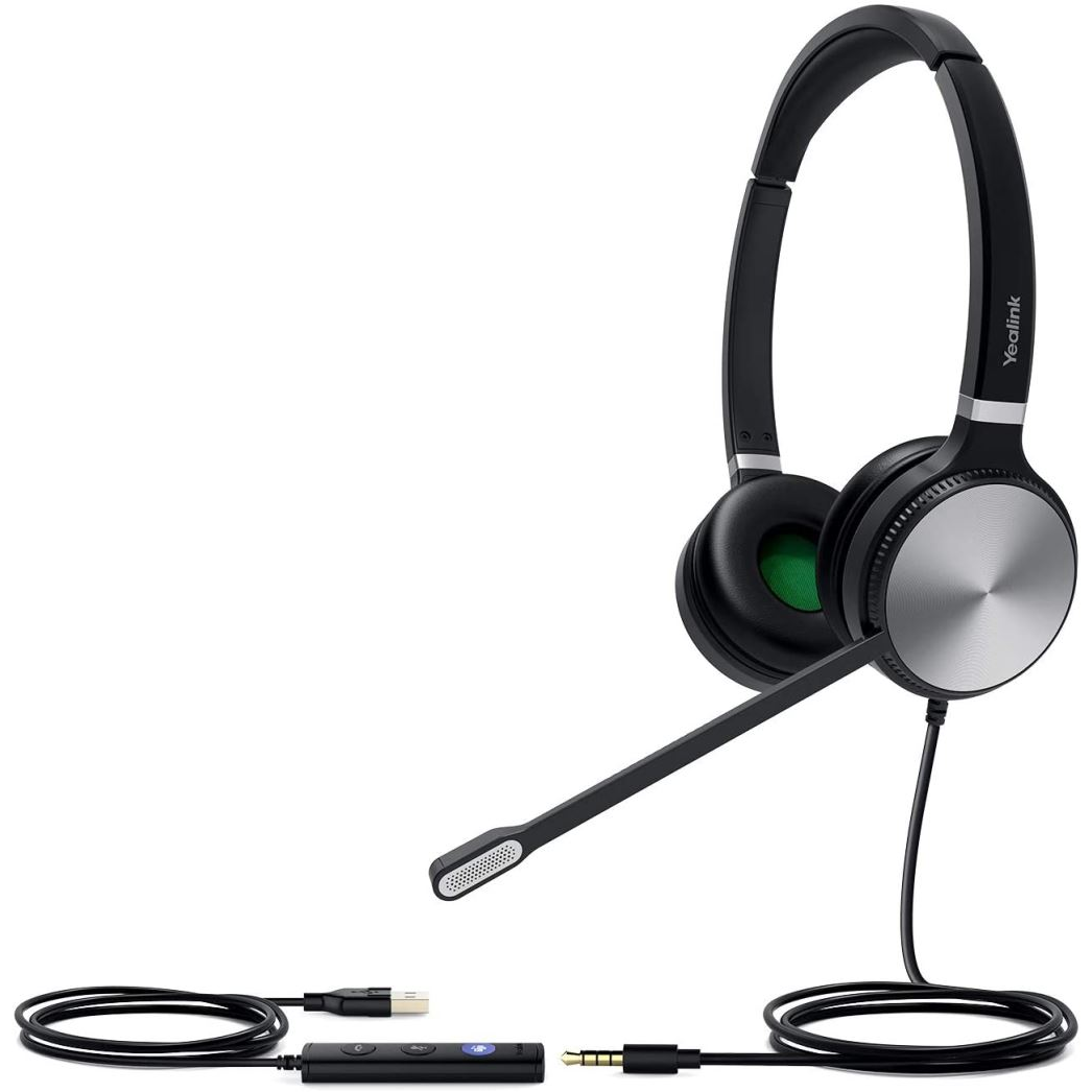 Yealink UH36 Dual Slúchadlá s mikrofónom Kábel Pres hlavu Kancelária / call centrum USB Typ-A Čierna, Strieborná (UH36DUAL-TEAMS)