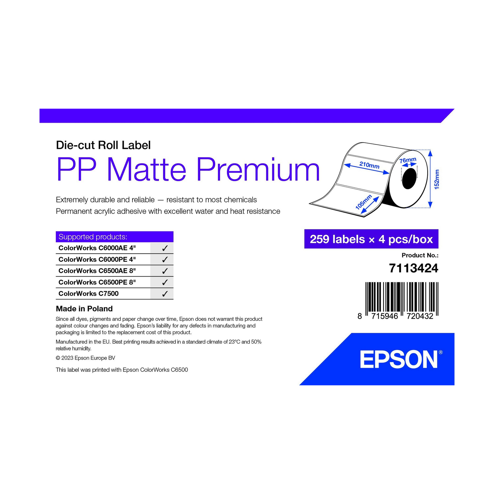 Epson 7113424 nyomtató címke Fehér Öntapadós nyomtatócimke (7113424)