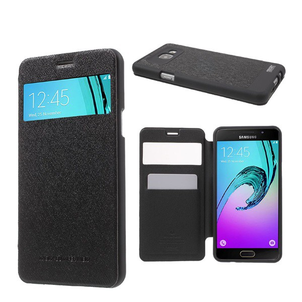 MERCURY Wow Bumper tok álló, bőr hatású (FLIP, oldalra nyíló, S-View cover, textil minta) FEKETE [Samsung Galaxy A5 (2016) SM-A510F] (5996457634170)