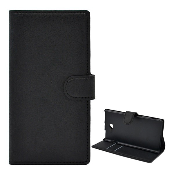 Tok álló, bőr hatású (FLIP, oldalra nyíló, asztali tartó funkció, prémium) FEKETE [Sony Xperia M2 Aqua (D2403)] (5996457513406)