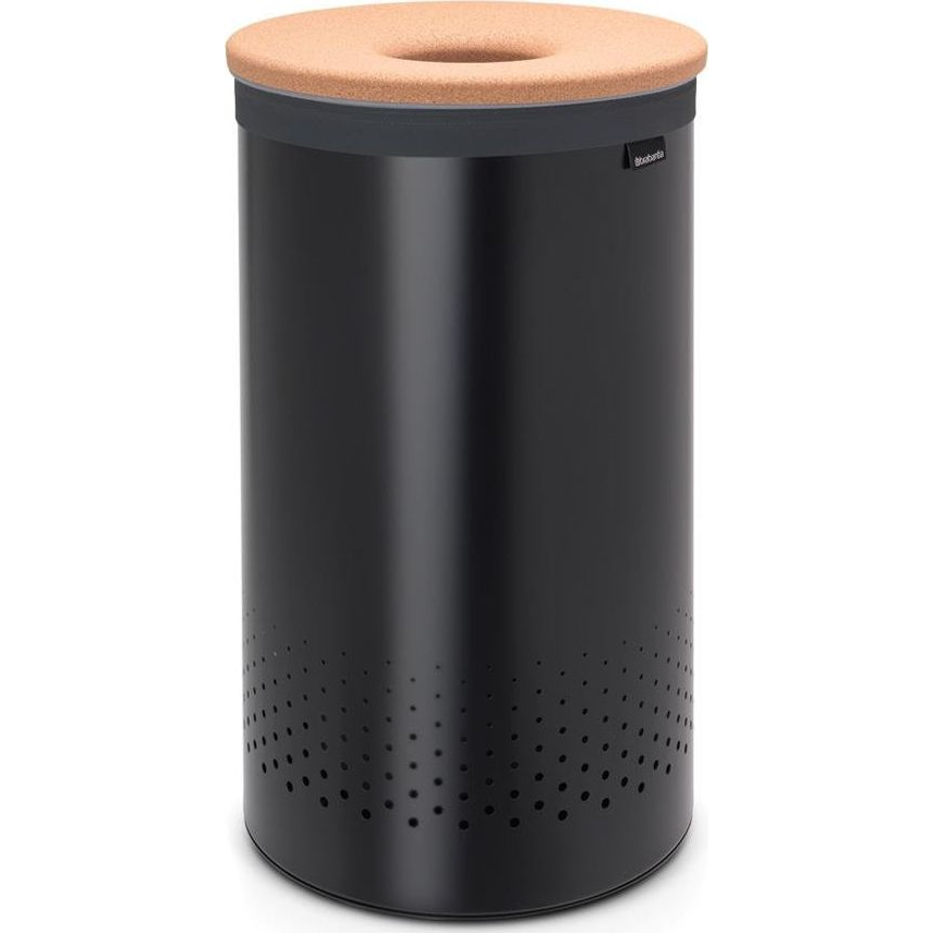 Brabantia Laundry Bin szennyestartó szellőző nyílásokkal, tépőzáras, mosható szennyesgyűjtő zsák, henger forma, nagy méret 60L, parafa fedő, acél, matt fekete - 120022 (120022)