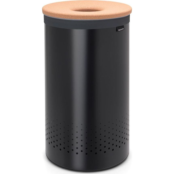 Brabantia Laundry Bin szennyestartó szellőző nyílásokkal, tépőzáras, mosható szennyesgyűjtő zsák, henger forma, nagy méret 60L, parafa fedő, acél, matt fekete - 120022