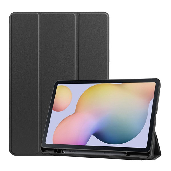 Tok álló, bőr hatású (aktív FLIP, oldalra nyíló, TRIFOLD asztali tartó funkció, S Pen tartó) FEKETE [Samsung Galaxy Tab S8 LTE (SM-X706)] (5996591028798)