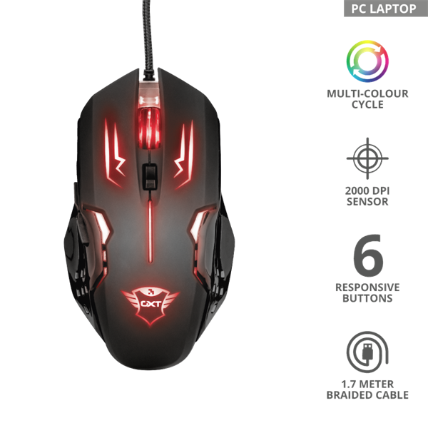 TRUST Gamer Vezetékes világító egér 22090, GXT 108 Rava Illuminated Gaming Mouse