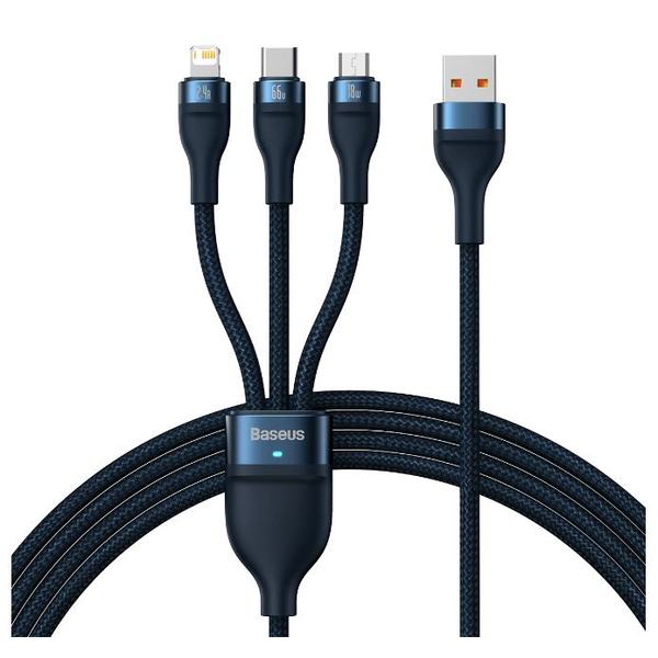 Baseus Flash 3 az 1-ben USB töltőkábel USB-C + Micro USB + Lightning 66W 1.2m kék (CASS040003)
