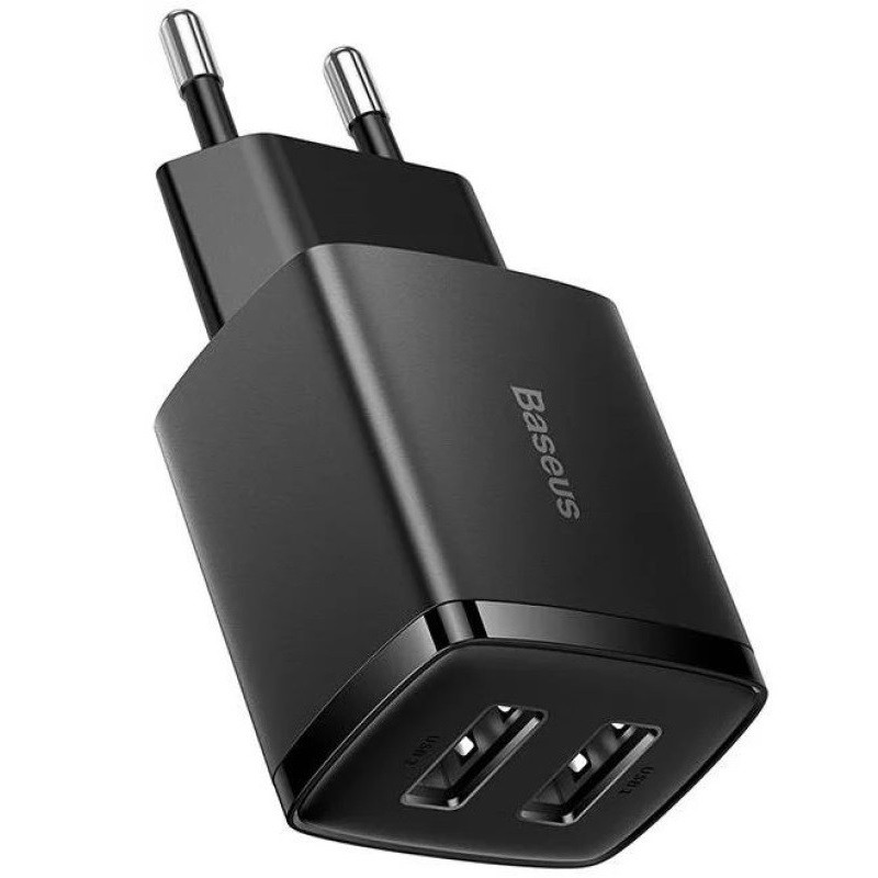 Hálózati töltő adapter, 10.5W, 2 x USB aljzat, gyorstöltés, Baseus Compact, fekete (6932172606909)