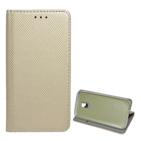 Carcasa in picioare, efect piele (FLIP, deschidere laterala, functie suport pentru masa, model romb) GOLD [Samsung Galaxy J3 (2017) SM-J330 EU] (5996457719754)