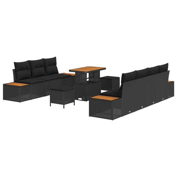 Set de canapea de grădină cu 10 piese și perne, negru, rattan polimeric, acacia