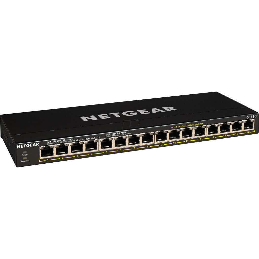 NETGEAR GS316P Nespravované Gigabit Ethernet (10/100/1000) Podpora napájania cez Ethernet (PoE) Čierna (GS316P-100EUS)