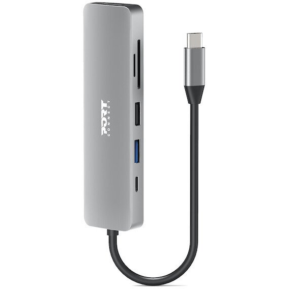 Port Dockingstation Typ C > HDMI, USB-C, 2x USB-A, SD silber