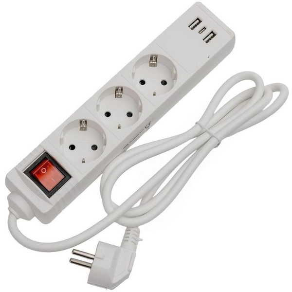 FIESTA EXTENSION CORD LISTWA ZASILAJĄCA 10A 3 SOCKET 2xUSB-A 1xUSB-C 1,5 M SCHUKO WHITE [46318]