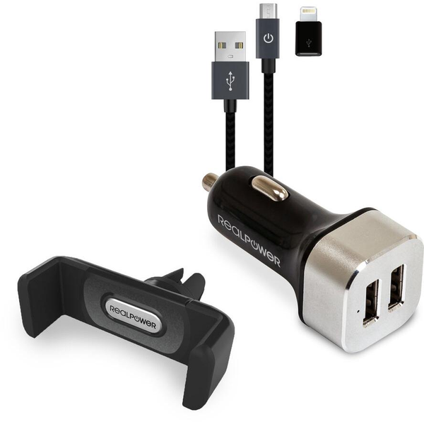 RealPower KFZ-Ladegerät Set + Kabel + Halterung Smartphone (168182)