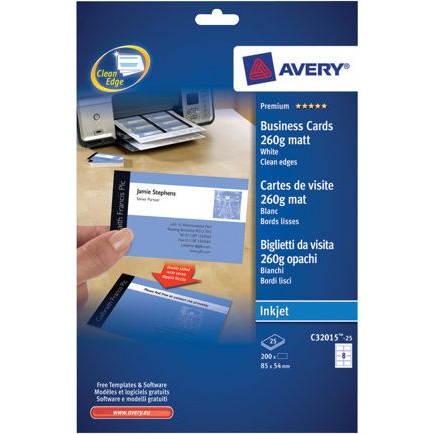 Avery-Zweckform C32015-25 Nyomtatható névjegykártyák, sima él 85 x 54 mm Fehér 200 db Papírformátum: DIN A4 (C32015-25)