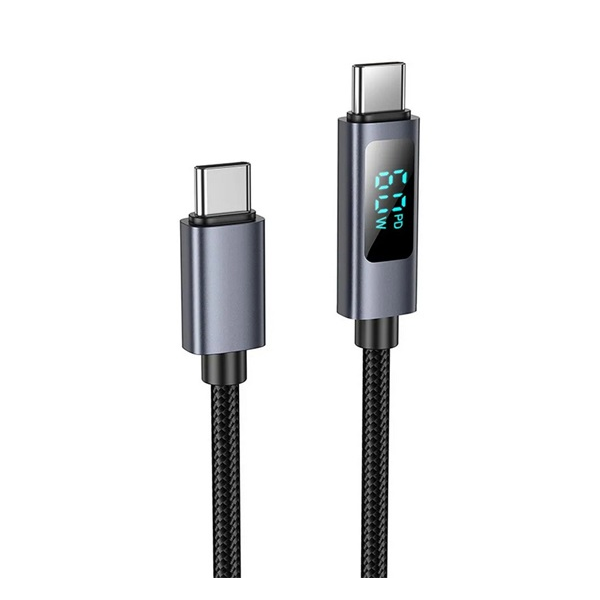 Hoco U112 adatkábel (Type-C - Type-C, 60W, PD gyorstöltő, 100cm, LED kijelző, cipőfűző) FEKETE (U112_BLACK) (U112_BLACK)