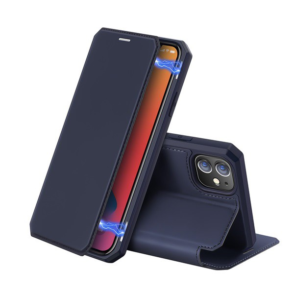 DUX DUCIS SKIN X tok álló, bőr hatású (FLIP, oldalra nyíló, asztali tartó, vezeték nélküli töltés támogatás) SÖTÉTKÉK [Apple iPhone 12 mini] (5996591001029)