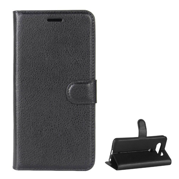 Tok álló, bőr hatású (FLIP, oldalra nyíló, asztali tartó funkció, prémium) FEKETE [LG Q8 (H970)] (5996457726301)