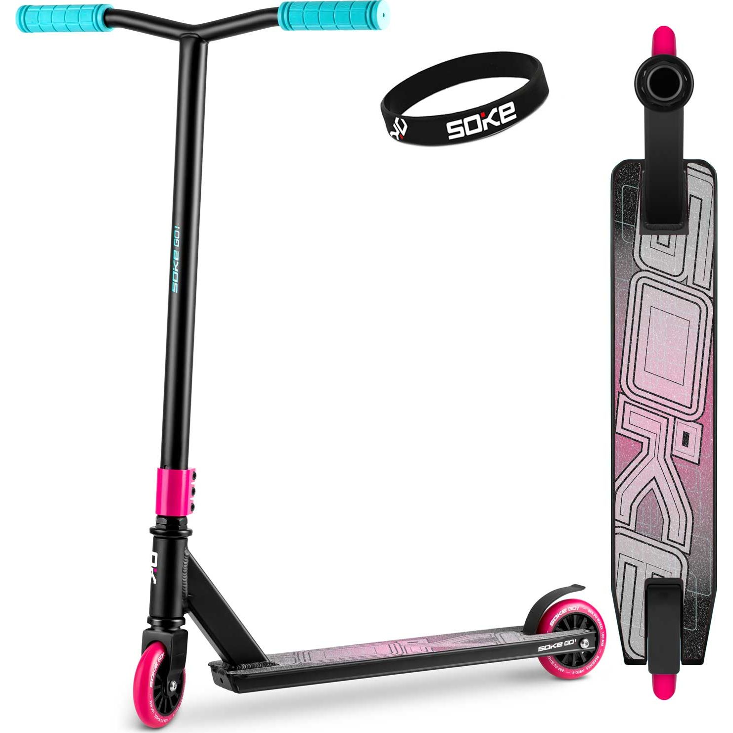 Kaszkadőr roller, SOKE GO!, rózsaszín, 82 cm, 10 cm 88A PU kerekek, ABEC-9 csapágy, rugalmas sárvédőfék, alumínium fellépő (1546)