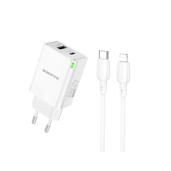 Borofone BN16 USB-A / USB-C Hálózati töltő + USB-C - USB-C kábel - Fehér (45W)