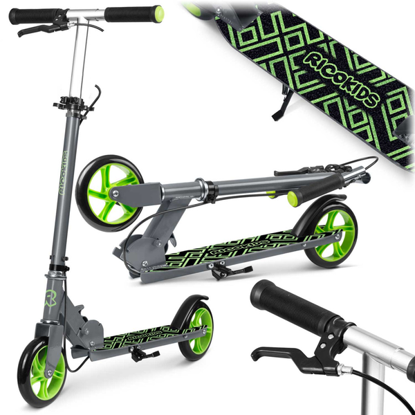 Gyerek roller, Ricokids Kodi, zöld, 14,5 cm PU kerekek, összecsukható, állítható kormány, kézifék és lábfék, ABEC-7 csapágy, 3–8 éveseknek, max. 50 kg