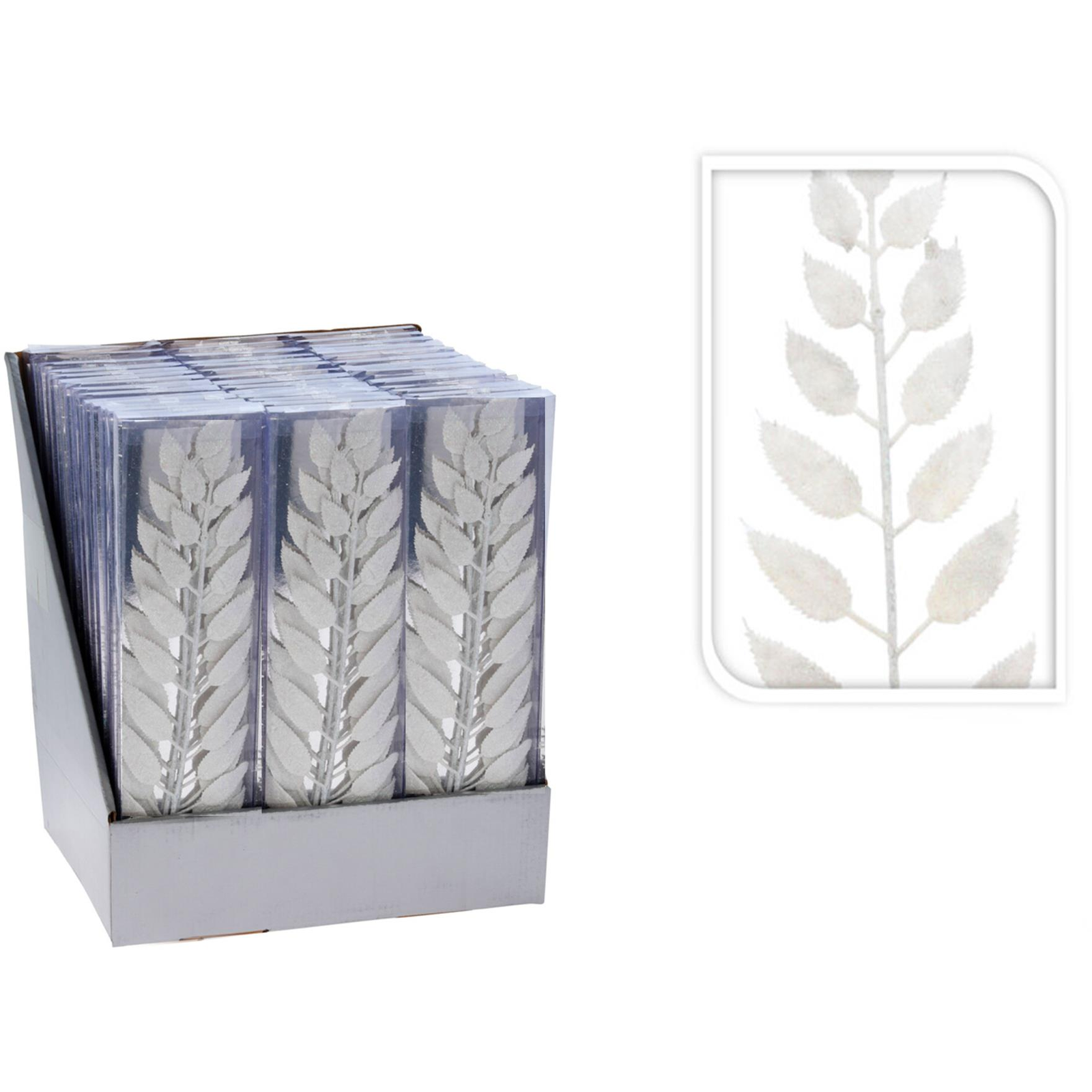 LAALU Díszkészlet, fehér ág levelekkel, csillámos, 3,2 × 7,5 cm, 3 db (LAU-2140)