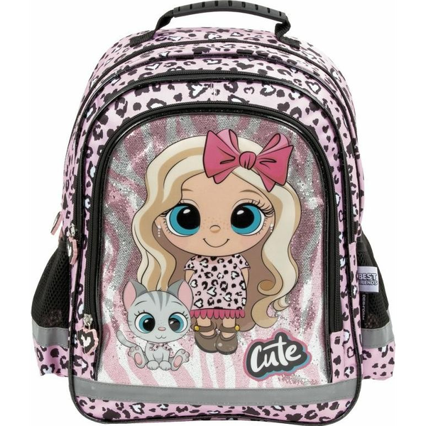 Školní batoh vícekomorový Derform bílý, černý, Odstíny hnědé a béžové,