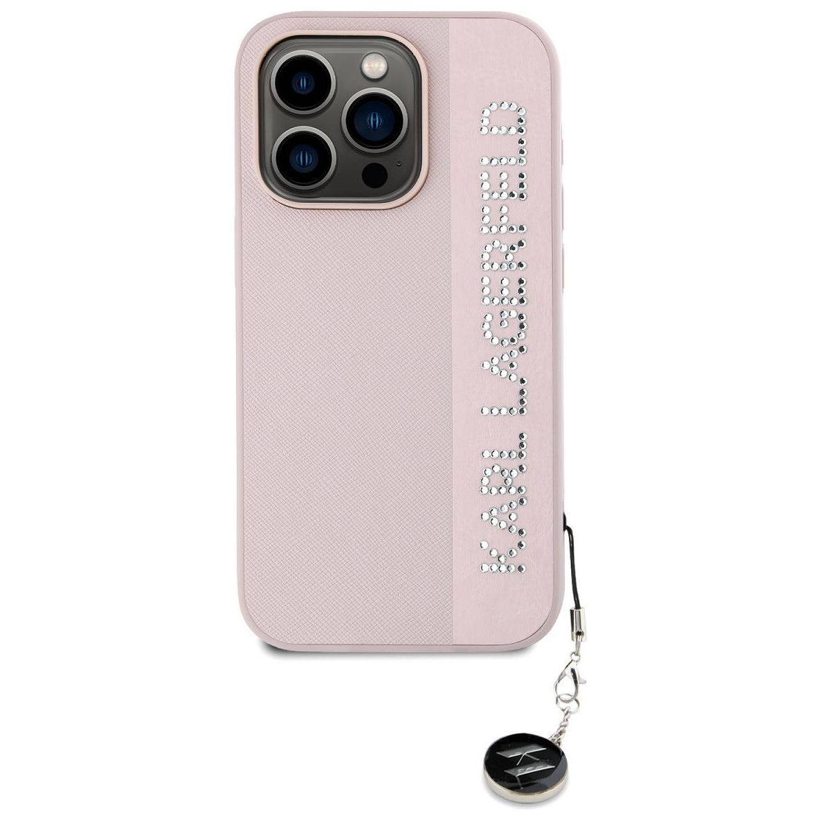 Karl Lagerfeld Rhinestone Charm iPhone 15 Pro rózsaszín PU Saffiano bőr tok (KLHCP15LPSAKDGCP)