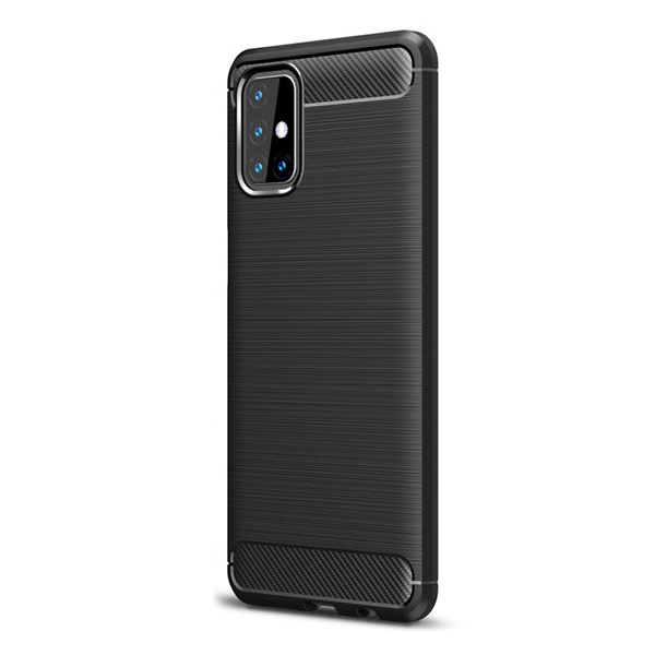Szilikon telefonvédő (közepesen ütésálló, légpárnás sarok, szálcsiszolt, karbon minta) FEKETE [Samsung Galaxy M31s (SM-M317F)]
