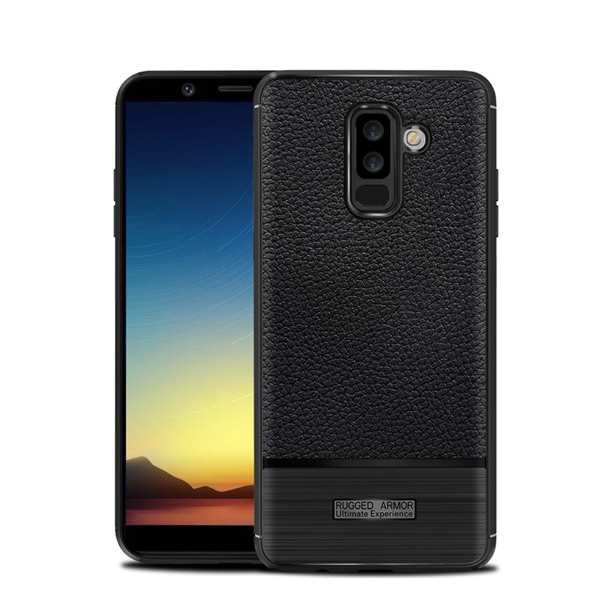 Szilikon telefonvédő (közepesen ütésálló, bőr hatású, szálcsiszolt) FEKETE [Samsung Galaxy A6+ (2018) SM-A605F] (5996457776283)