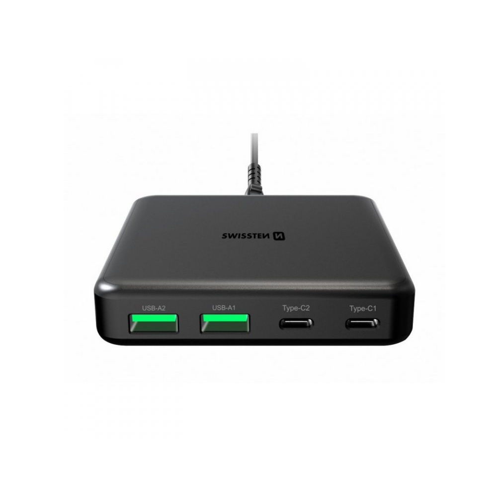 Swissten 2674764 2x USB Type-C / 2x USB Type-A GaN Hálózati töltő - Fekete (65W) (8595217482845)