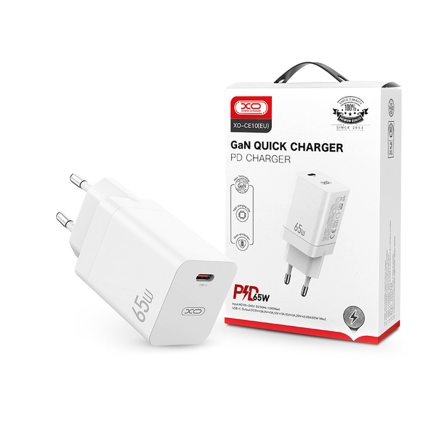 XO GaN hálózati töltő adapter Type-C bemenettel - 65W - XO CE10 PD3.0 + QC3.0   Car Charger - fehér