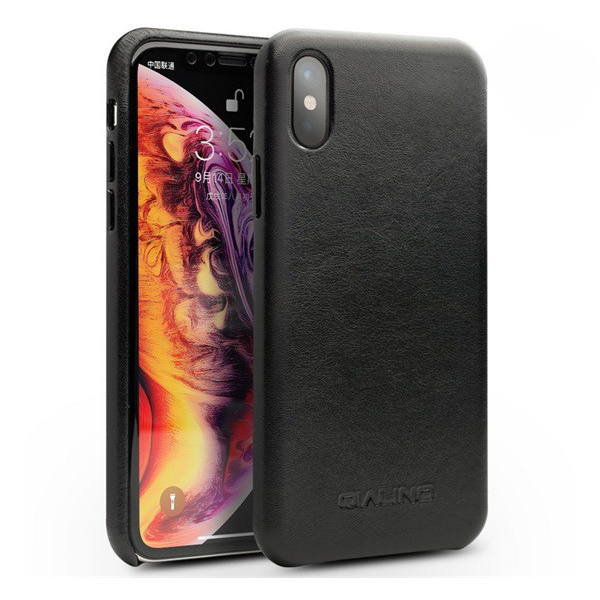 QIALINO műanyag telefonvédő (valódi bőr bevonat) FEKETE [Apple iPhone XS Max 6.5] (5996457817795)