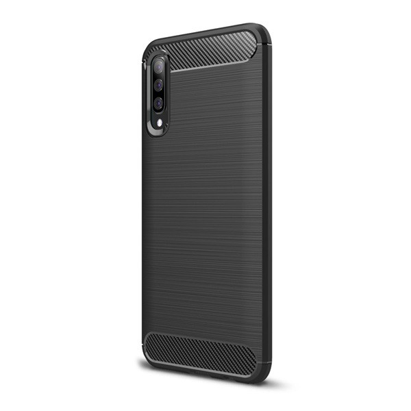 Szilikon telefonvédő (közepesen ütésálló, légpárnás sarok, szálcsiszolt, karbon minta) FEKETE [Samsung Galaxy A70 (SM-A705F)] (5996457876518)