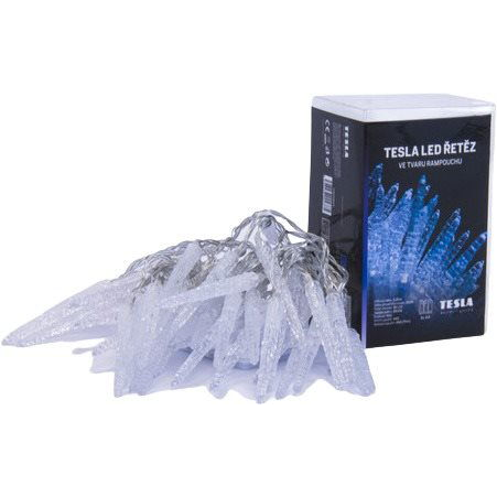 Tesla - Karácsonyi Fényfüzér - jégcsap, 7cm, 50LED, 6500K, 5m + 30cm kábel, 3x AA elem, idő. IP44 (VOBA5MIO2)