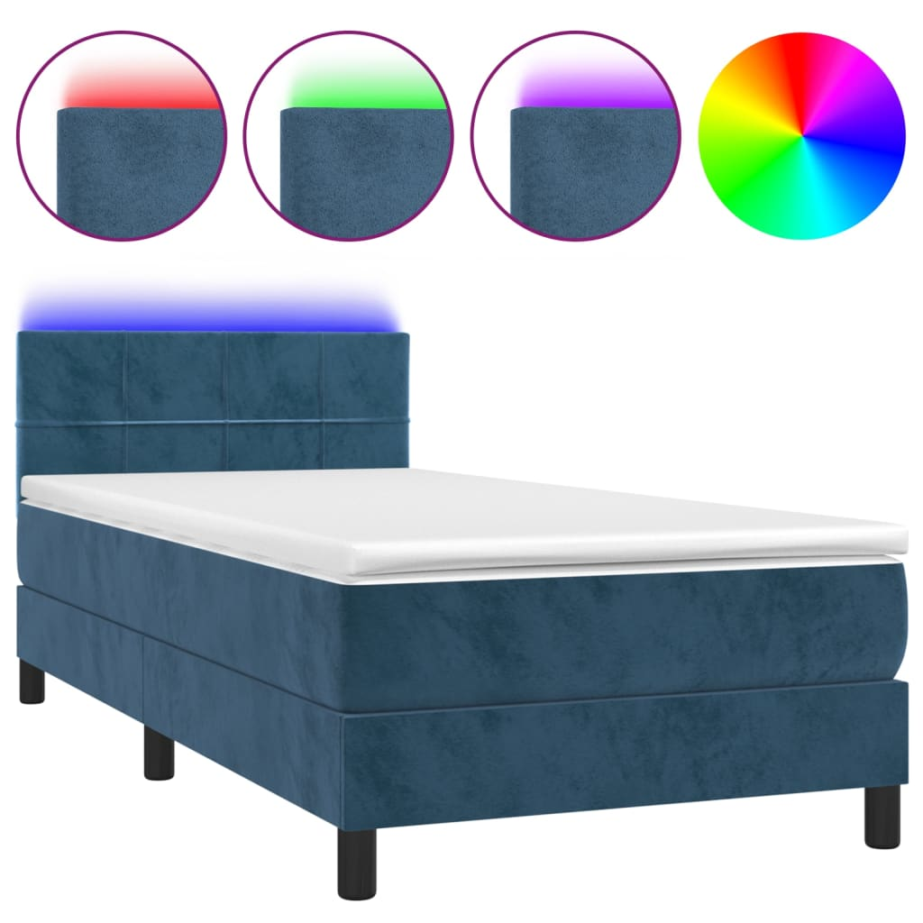 sötétkék bársony rugós és LED-es ágy matraccal 90x190 cm (3134379)