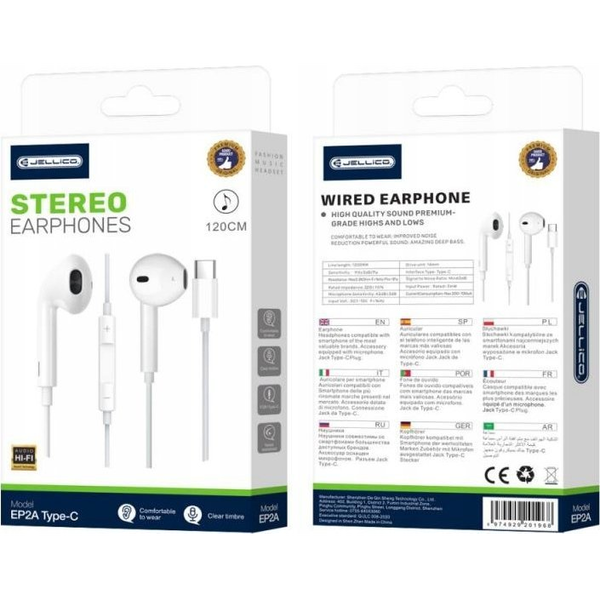 Căști Jellico EP2A cu microfon și conector USB-C, 1,2 m, alb