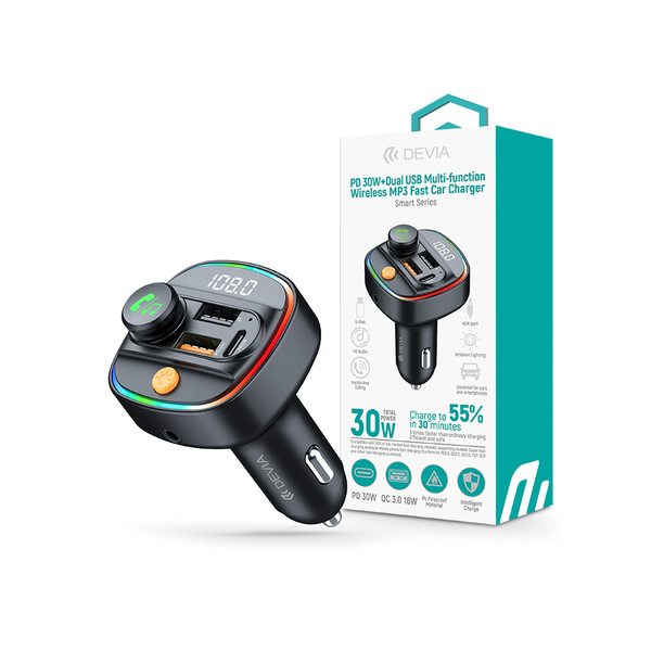Devia Smart Series Bluetooth FM-transmitter/autós gyorstöltő 30W PD+QC          2xUSB/AUX/MP3 - fekete