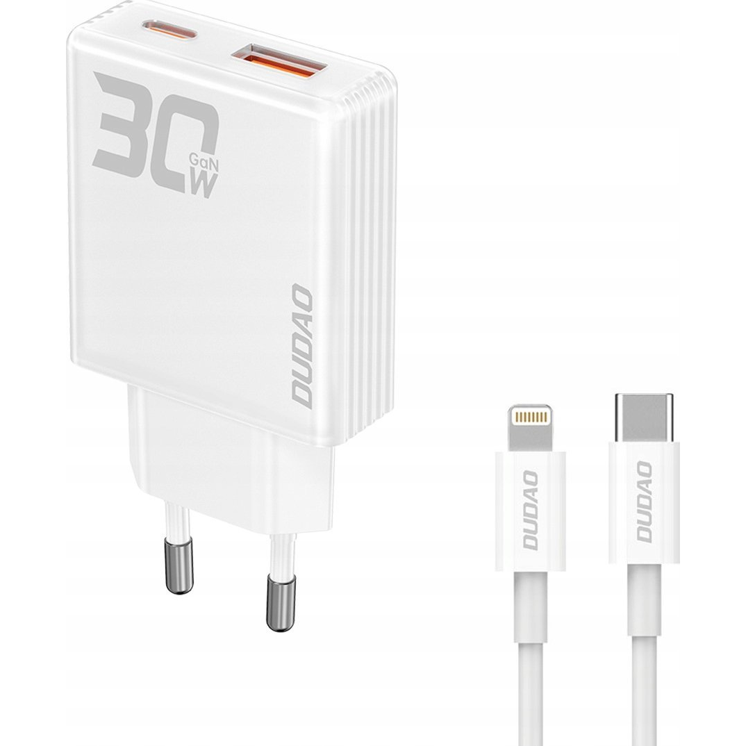 Dudao A30EUL Hálózati Töltő 1xUSB-A És 1xUSB-C Csatlakozással És Type-C-Lightning Kábellel 30W-Fehér (6976625332816)