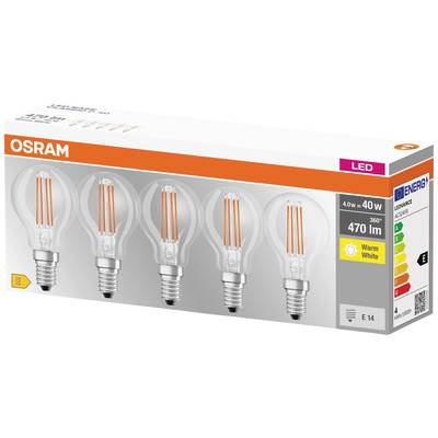 OSRAM HOMELIGHTING 4058075090668 LED EEK E (A - G) E14 Csepp forma 4 W = 40 W Melegfehér (Ø x H) 45 mm x 84 mm Szál 5 db (4058075090668)