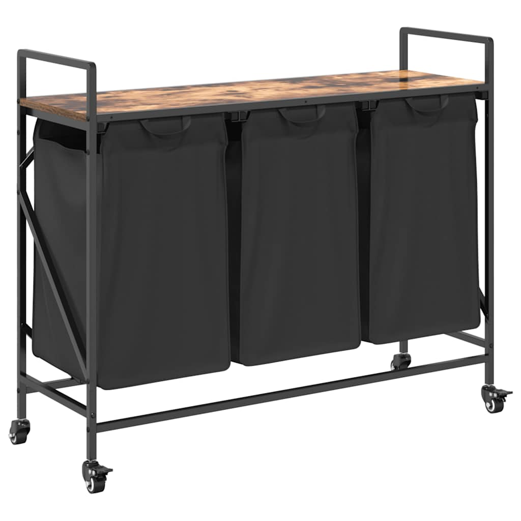 füstölt tölgy mosodai kosár 3 rekeszes kerekekkel (859092)